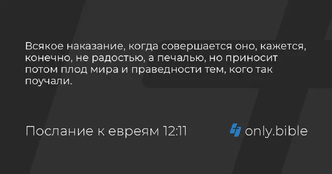 Всякое наказание, когда совершается оно, кажется, конечно, не радостью, а печалью, но приносит потом плод мира и праведности тем, кого так поучали.  (Послание к евреям 12:11)